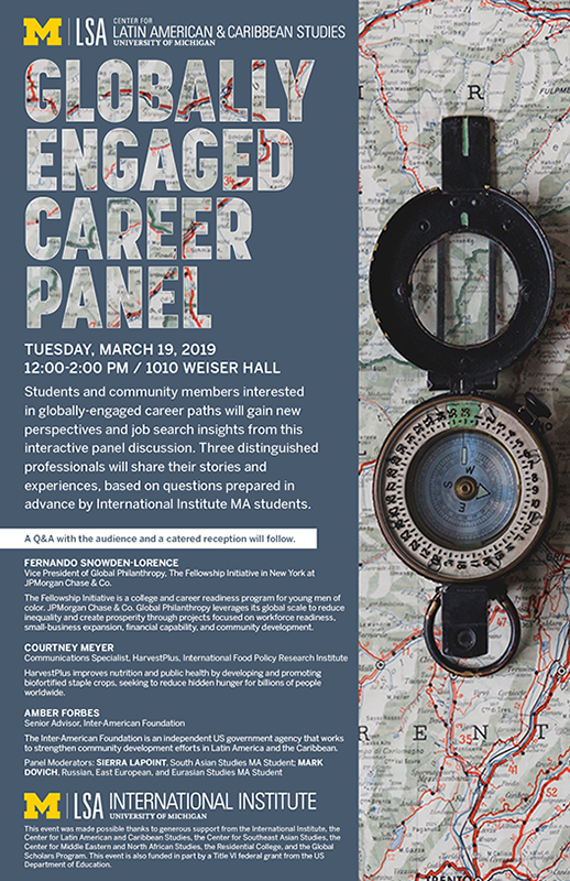 A poster with background of a map and a compass on top of the map. Headline on the left of the image reads: Globally Engaged Career Panel.